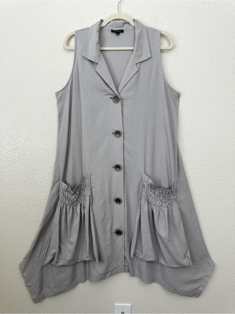 For Cynthia Linen Blend Gray Asymmetrical Hem Button Down Midi Dress, Sz Large